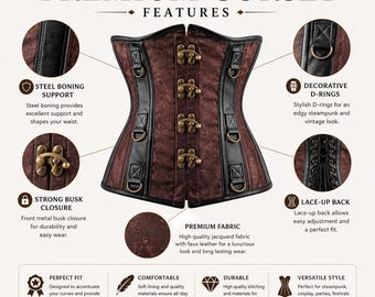 Brown Steampunk Corset Bustier Gothic Overbust Corset Waist Trainer Lace Up Back Vintage Victorian Corset Top Alternative Fashion