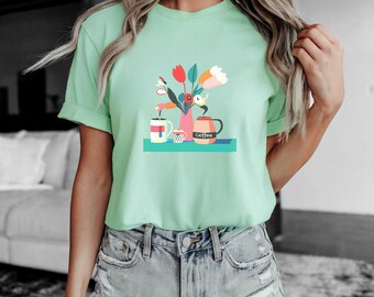 Camiseta com estampa floral de caneca de café – Camiseta para amantes de cafeína