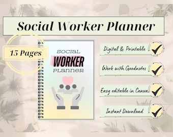 May include: A digital planner for social workers with 15 pages. The cover features a pink heart and two hands holding three people. The planner is digital and printable, works with Goodnotes, is easy to edit in Canva, and is available for instant download.