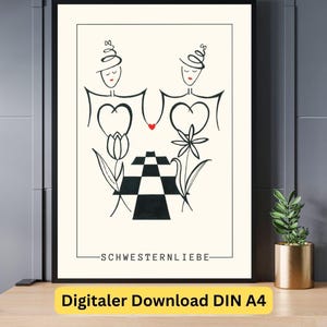 Poster for siblings, digital print, gift idea, hand-drawn, love, fine line, black and white, minimalist, design, unique