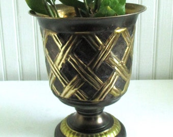 Two Toned Brass Basketweave Urn Cache Pot Planter