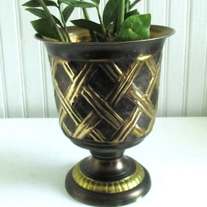 May include: A gold and brown metal planter with a woven design. The planter is filled with a green plant.