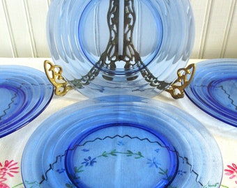 Set of Four - Hazel Atlas - Moderntone, Wedding Band - Cobalt Blue Luncheon Plates