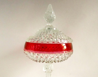 Indiana Glass Company Ruby Flash Band Diamond Glass Compote with Lid