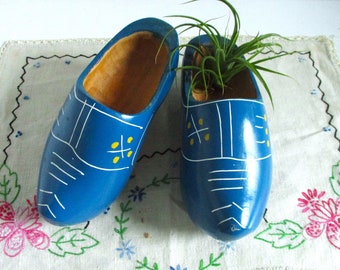 Vintage Decorative Blue Painted Wooden Dutch Shoes