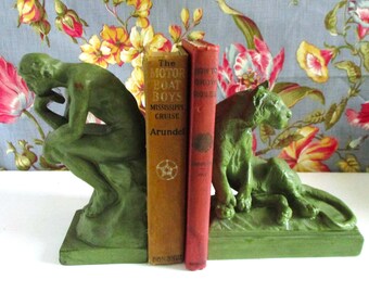 Paul Herzel Green Lioness and Rodin Thinker Bronze Bookends