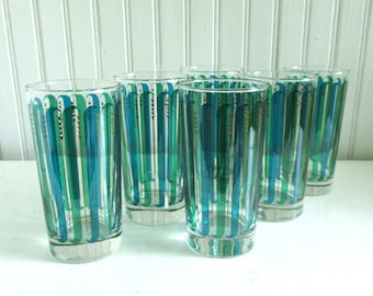 Set of Six - Libbey - Blue, Green and Wheat Stalk Striped Drinking Glasses