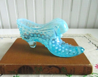 Fenton Hobnail Blue Opalescent Glass Shoe Slipper with Cat Detail