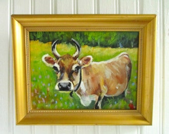 Daisy Mae - Original Oil Painting of a Cow in a Field - Framed