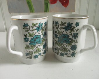 Pair Blue Roses and Green Vines Made in China Vintage Stackable Mugs