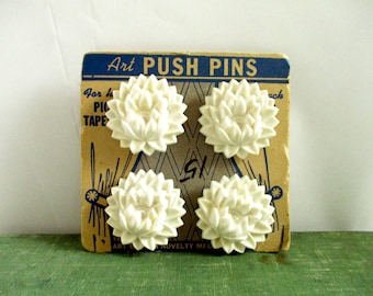 Set of Four Pressed White Plastic Art Push Pins on Original Card