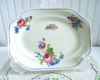 Gorgeous Vintage Pink Rose and Blue Flowers Unmarked Serving Platter