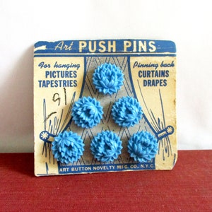 Vintage Blue Plastic Art Push Pins on Original Card image 1