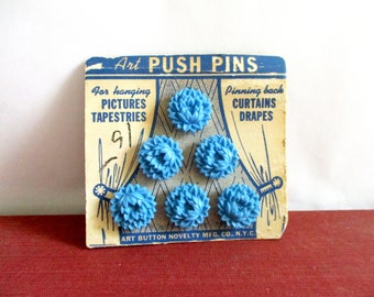 Vintage Blue Plastic Art Push Pins on Original Card