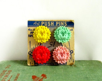 Multi Colored Vintage Plastic Flower Art Push Pins - Set of Four