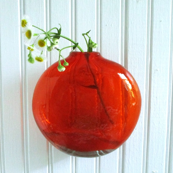 Orange Hand Blown Art Glass Wall Pocket Vase