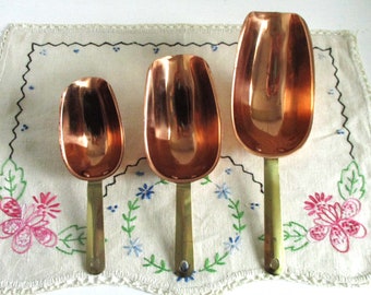 Set of Three Copper and Brass Measuring Scoops - Nesting Copper Scoops - Made in Korea