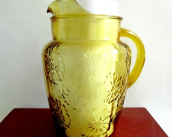 Anchor Hocking | Honey Gold | Embossed Flower Pitcher | Spring Song | 1970s Glass Pitcher | Cold Drink Storage | Vintage Bar