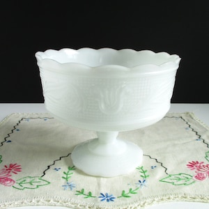 May include: White milk glass pedestal bowl with a scalloped rim and embossed floral design. The bowl is sitting on a white embroidered doily.