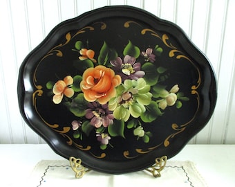 Black Hand Painted Tole Tray with Roses and Flowers