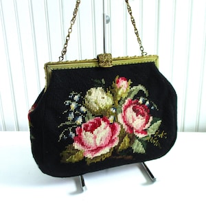 1950s Wool Needlepoint Purse: Rose Bouquet, Filigree Brass Frame