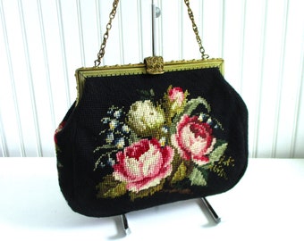 1950s Wool Rose Bouquet Needlepoint 8" Antique Filigree Brass Frame Purse with Brass Chain