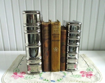 Set - Silver Ceramic Bookends, Decorative Risers, Books