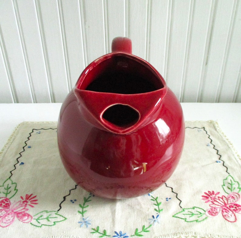 Vintage Cranberry Red Ceramic Ball Pitcher marked USA image 4