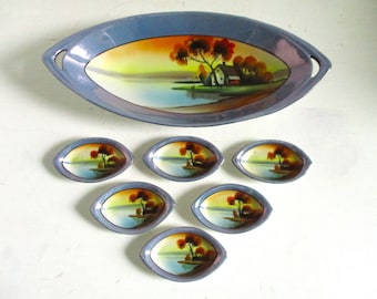 Vintage Chikaramachi Japan Hand Painted Blue Lusterware Vegetable Dish and Six Salt Cellars