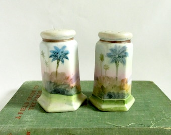 Vintage Antique Nippon Hand Painted Palm Trees Salt and Pepper Shakers