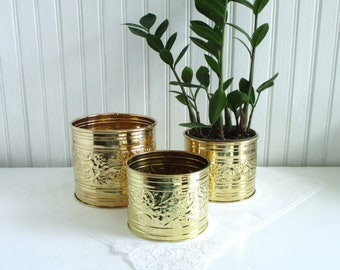 Set of Three Nesting Decorative Pressed Brass Planters Cache Pots