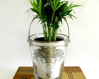 Antique Glass Ice Bucket with Handle and Silver Flower Overlay - Silver City?