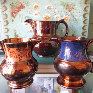 Set of Three - Antique English 1800s Copper Luster Creamers - Instant Collection