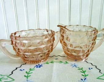 Vintage Pink Jeannette Depression Glass Cubist Pattern Sugar and Creamer Set