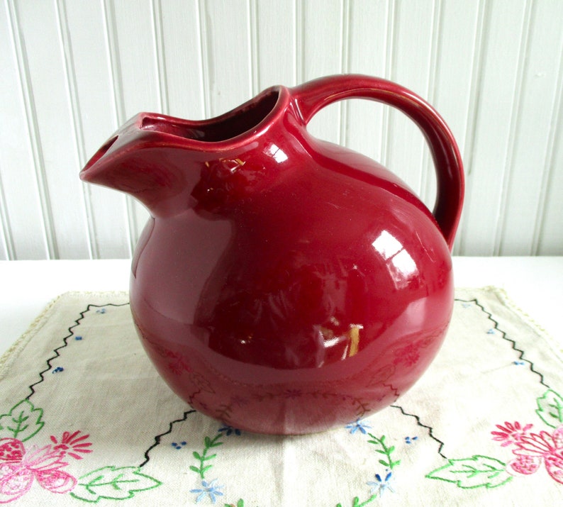 Vintage Cranberry Red Ceramic Ball Pitcher marked USA image 3