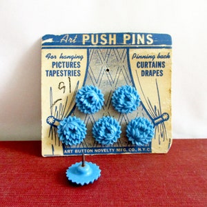 Vintage Blue Plastic Art Push Pins on Original Card image 2