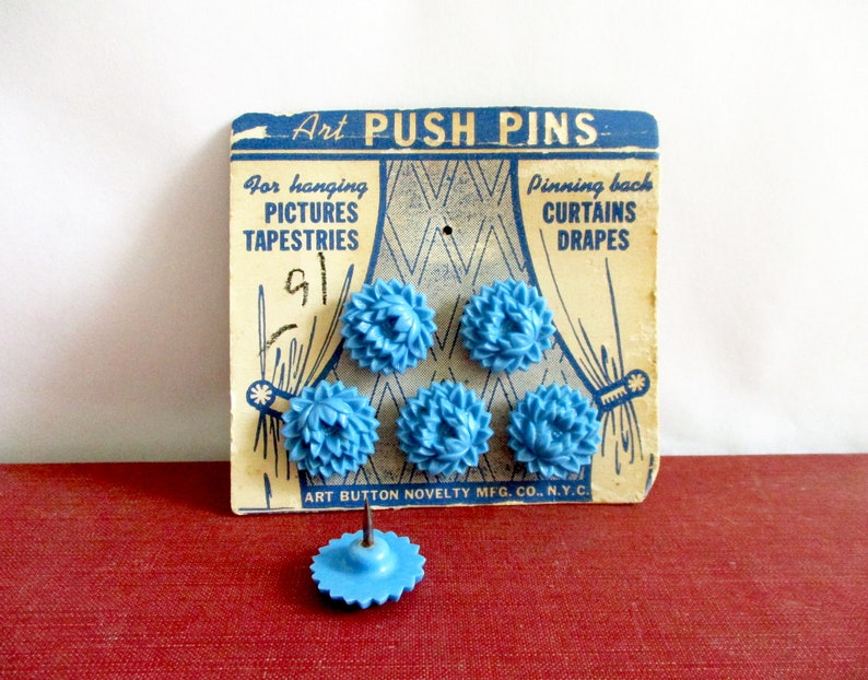 Vintage Blue Plastic Art Push Pins on Original Card image 2