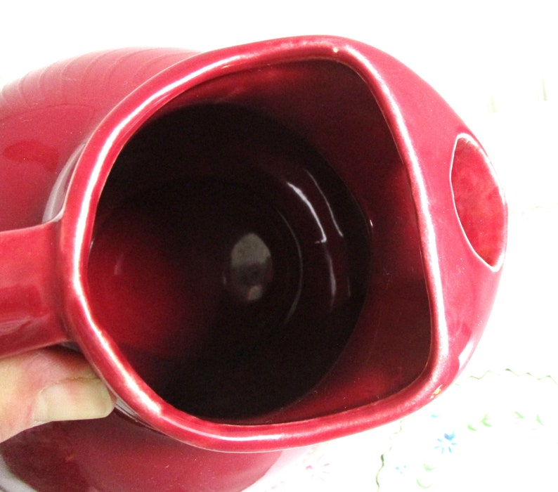 Vintage Cranberry Red Ceramic Ball Pitcher marked USA image 6