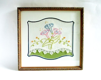 Vintage Framed Morning Glory Embroidery with Lace