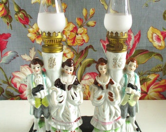 Pair Victorian Hand Painted Oil Lamps