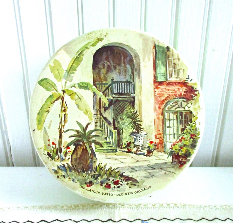 Vintage Tin Brulatour Patio Old New Orleans Round Biscuit Tin Cookie Tin image 1