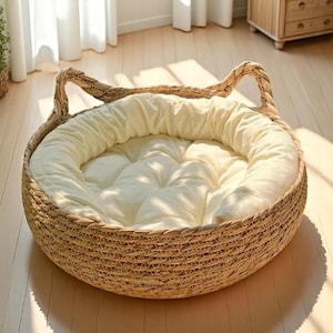 Woven Cat Bed: Natural Cotton Nest with Warm Pad