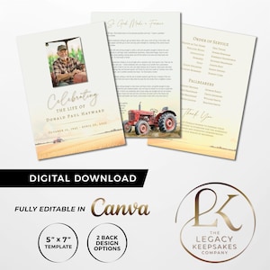Peut inclure: Modèles numériques pour services commémoratifs. Ils présentent une photo d'un agriculteur et d'un tracteur rouge. Le texte dit "Célébrer la vie de Donald Paul Hayward". Entièrement modifiable dans Canva. Format 12,7 cm x 17,78 cm.