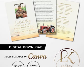 Farmer Funeral Memorial Card Template: (5x7 Digital Canva Template)