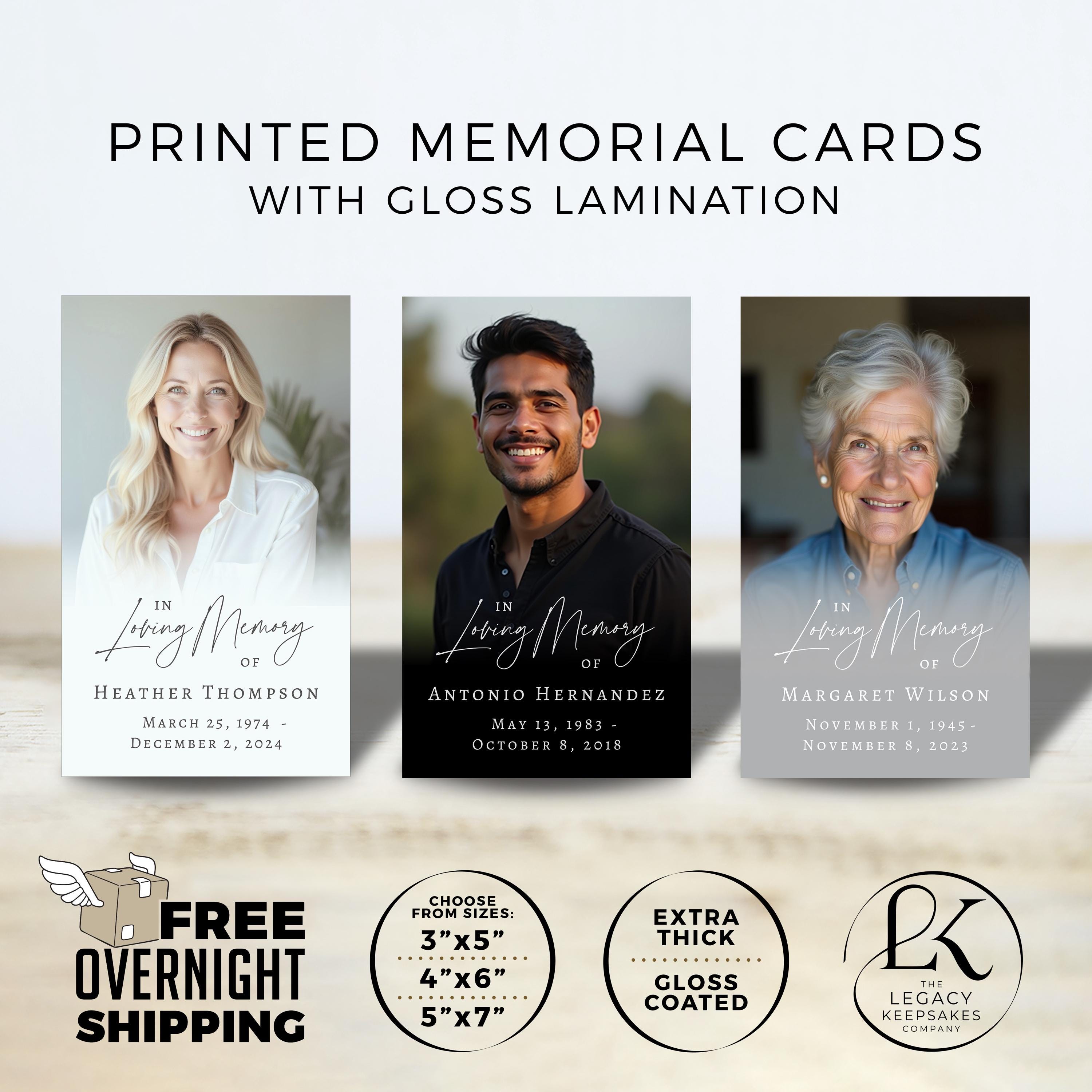 Printed Memorial Cards: Funeral Keepsake, Photo Tribute (3x5", FREE Overnight FedEx Delivery)