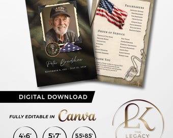 Army Veteran Memorial Card Template, Digital Download, Editable in Canva, 4x6, 5x7, 5.5x8.5, half page, Military, Funeral, Vet