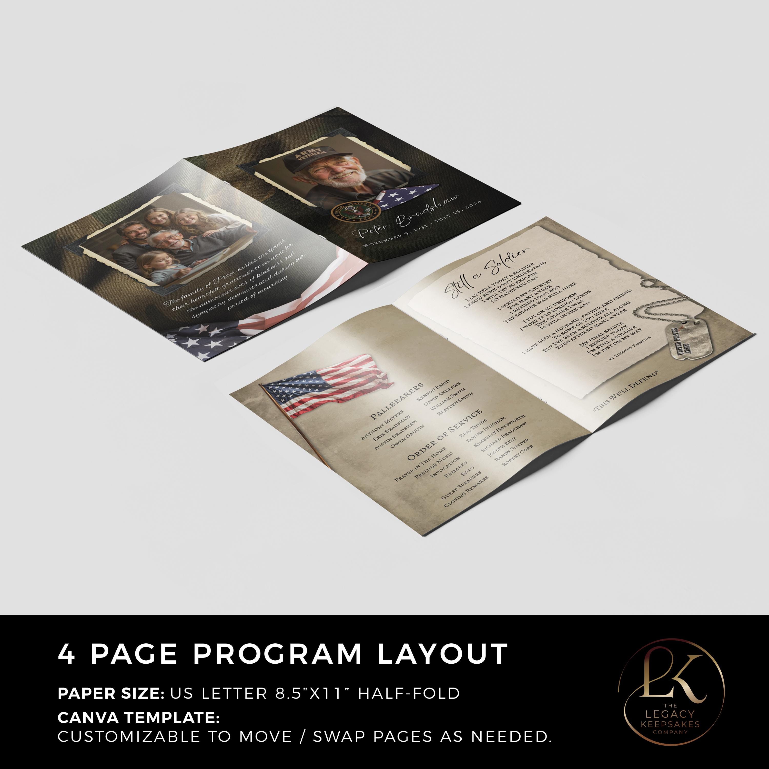 Army Veteran Memorial Program Template: US Letter, Editable Canva ...