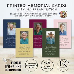 May include: Printed memorial cards with gloss lamination in various colors. Each card features a photo and the text "In Loving Memory of" followed by a name and dates. The cards are available in multiple sizes and are extra thick.