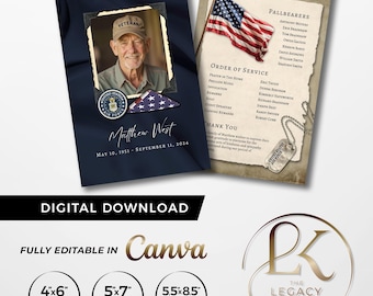 Air Force Veteran Memorial Card Template, Digital Download, Canva Editable, 4x6, 5x7, 5.5x8.5, Military, Funeral, Vet, Patriotic, Obituary