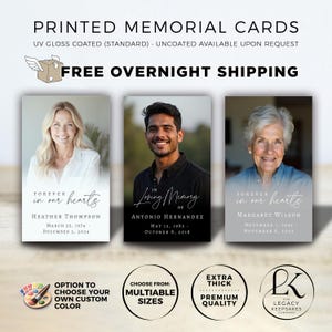 May include: Three rectangular printed memorial cards featuring portraits of individuals with the text Forever in our hearts, In Loving Memory of, names, and dates. The cards have UV gloss coating and are displayed with custom color options.